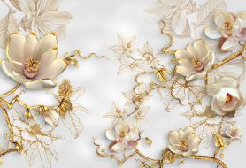 Фреска 3D Цветы с золотом на белом фоне